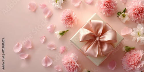Elegant pink gift box with satin ribbon on cherry blossom petals, perfect for Women’s Day, Valentine’s and spring greetings