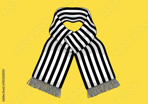 Black and white striped scarf with fringe.