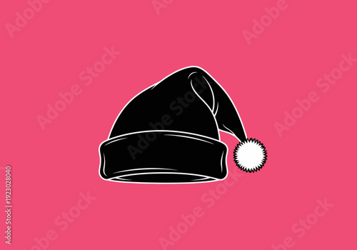 Black Santa Hat with White Pom Pom on Pink Background.