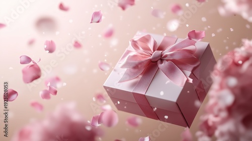 Elegant pink gift box with satin ribbon on cherry blossom petals, perfect for Women’s Day, Valentine’s and spring greetings