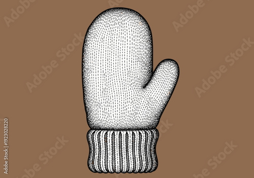 Handdrawn illustration of a knitted mitten on a brown background.