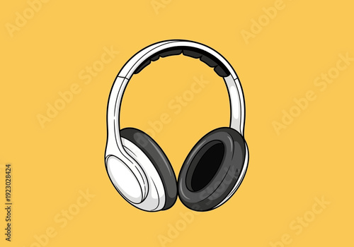 Modern White and Black Headphones on Yellow Background.