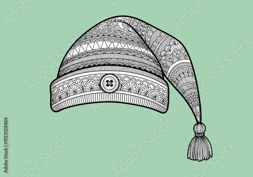 ornate sleeping cap with tassel and button.