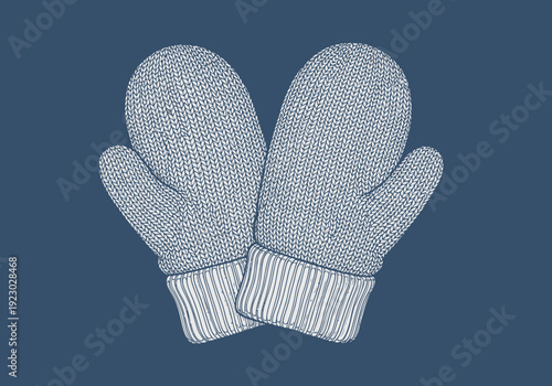 Pair of knitted mittens on a blue background.