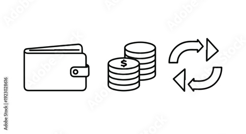 Financial transaction, money exchange, wallet, coins, and arrows, symbolizing cash flow and transfer, simple line illustration for business and finance concepts