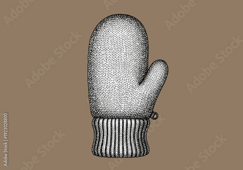 Vintage Knitted Mitten with Striped Cuff.