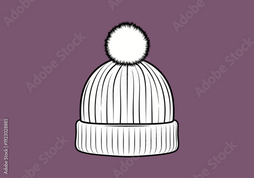 Winter Beanie Hat with Pom Pom Line Art.