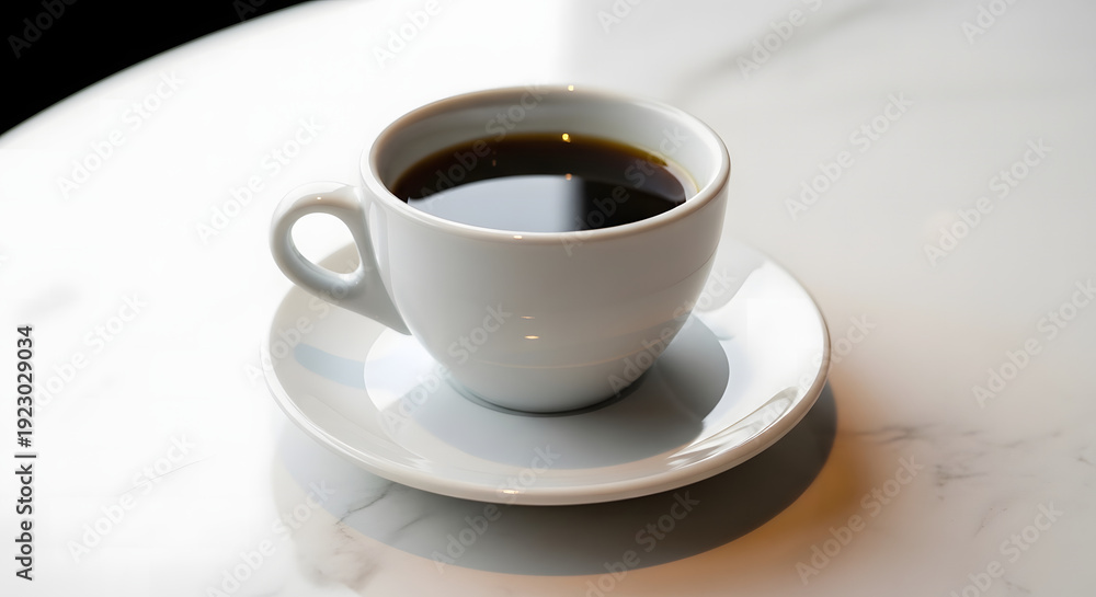 Obraz premium Black coffee in a white ceramic cup and saucer on a marble surface, ready for a quiet morning or a refreshing break