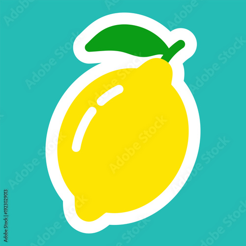 Flat style lemon sticker with green leaves. Yellow citrus fruit illustrated in cartoon look with soft shapes for packaging, food labels, summer design and decorative graphics.
