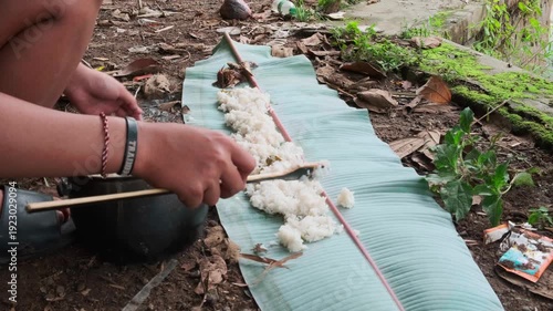 Traditional Outdoor Dining Experience Serving Steamed Rice onto Fresh Banana Leaf