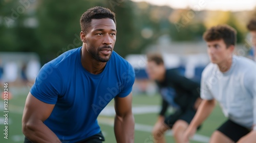 Wallpaper Mural Professional sports training focusing on preventing knee pain, featuring athletes utilizing advanced techniques for injury-free performance. An athletic field with a coach guiding energetic players Torontodigital.ca