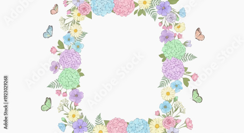 Colorful floral wreath with butterflies on white background for decoration and design