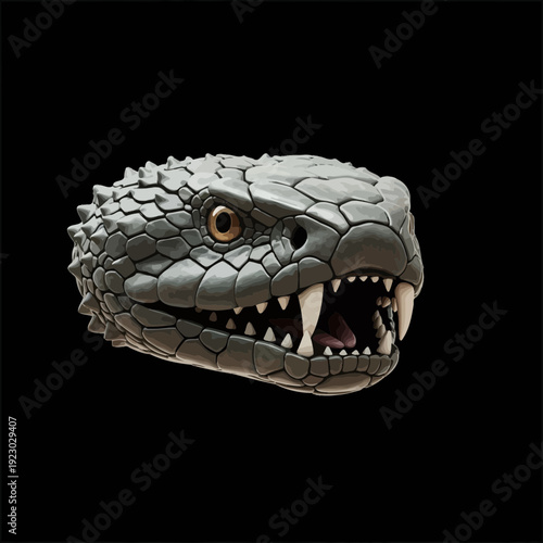 Close up of a menacing snake head with fangs bared.