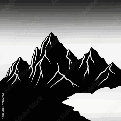 Dramatic Black and White Mountain Range Silhouette.