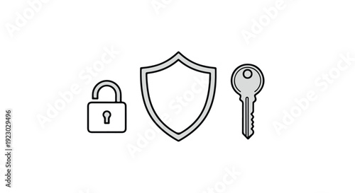 Security protection concept with padlock, shield, and key icons, symbolizing safety, defense, and access control in a simple line art style