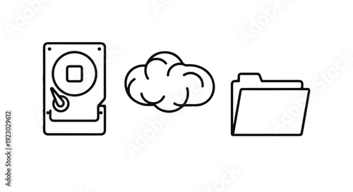 Cloud computing data storage icons, hard drive, file folder, and cloud symbol in simple line drawing style for technology and business concepts
