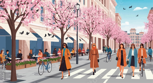 People walking and biking on a city street with pink cherry blossom trees and outdoor cafes on a sunny day