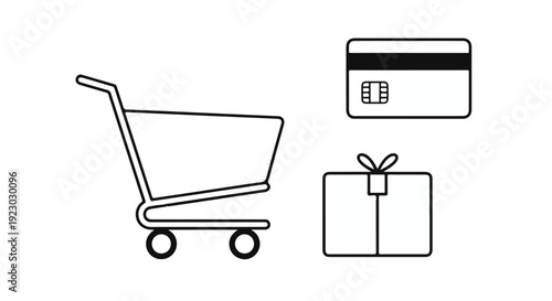 E-commerce shopping online concept with shopping cart, credit card, and gift box in simple line style