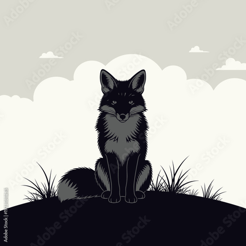Black Fox Sitting on Hilltop with Clouds.