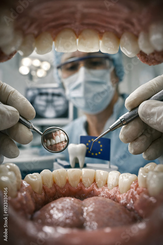 Symbolic dental treatment image showing healthcare policy and medical costs. Dentist tools inside patient’s mouth, anonymous setting, clinical realism, serious editorial photojournalism in Europe.
