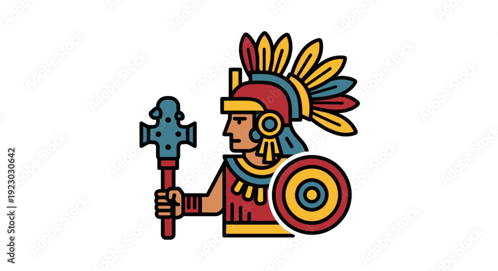 Fototapeta premium Aztec Warrior with Feathered Headdress and Shield.