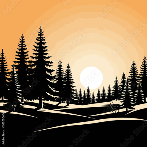 Silhouette of a Pine Forest at Sunset with a Deer.