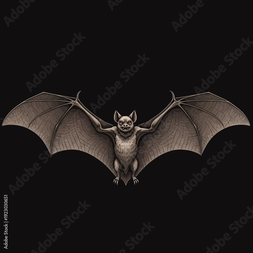 Detailed Illustration of a Bat with Wings Spread Wide.