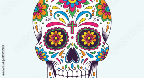 Colorful Sugar Skull with Floral Designs.