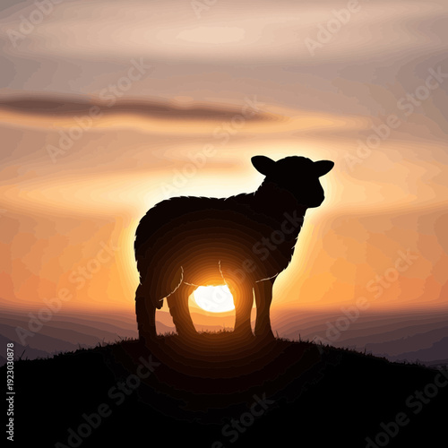 Silhouette of a Sheep Against a Dramatic Sunset Sky.