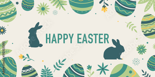 Festive Easter banner with decorative eggs, rabbit silhouettes and Happy Easter message. Perfect for holiday greeting cards, social media posts, website banners and seasonal designs