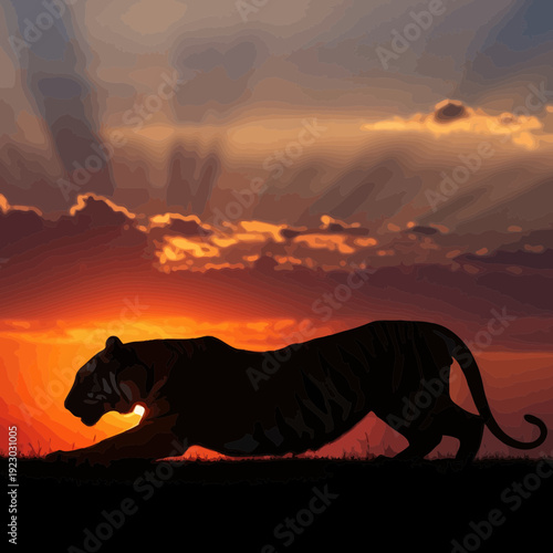 Silhouette of a tiger walking at sunset.