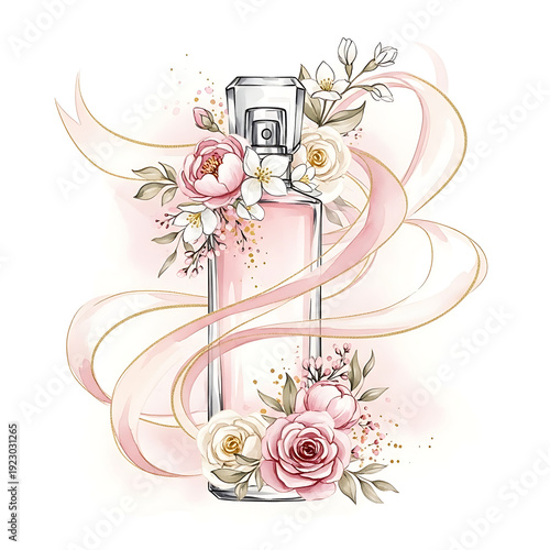 Elegant Watercolor Perfume Bottle with Pink Roses Peonies and Flowing Ribbons - Luxury Floral Fragrance Cosmetic Illustration for Beauty Product Design