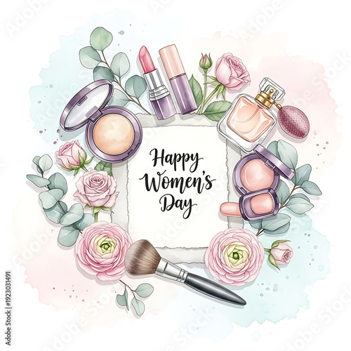 Happy Women's Day Greeting Card with Cosmetics, Perfume, and Pink Flowers - Watercolor Beauty Set Illustration with Makeup, Roses, and Eucalyptus on White Background