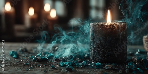 Black candle burning with turquoise smoke and crystals