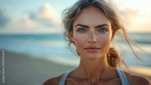 Woman standing on the beach near the ocean during sunset with clouds in the sky and waves in the background