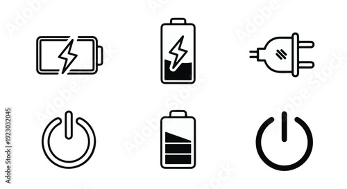 Battery charging icons set with power symbols and electric plug, modern technology concept for energy and electricity