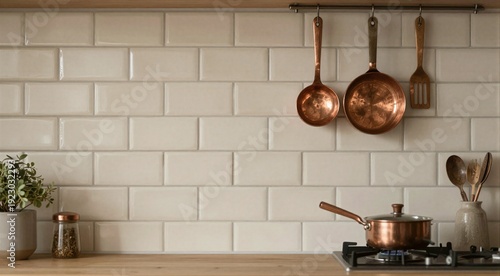 Rustic kitchen backsplash with beige subway tile, copper cookware and wooden countertop for home decor, recipe background and kitchen design
