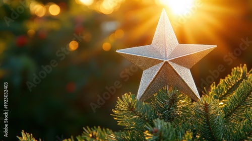 A Sparkling Silver Star Tree Topper on an Evergreen Christmas Tree Illuminated by Warm Sunlight