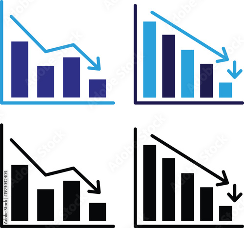 Four bar chart showing downward trend graph down arrow
