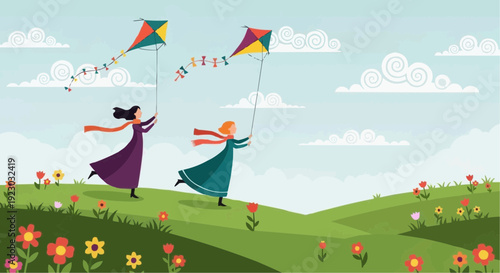 Two girls flying colorful kites on green hill with flowers under blue sky