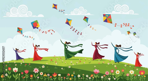 Women in colorful dresses flying kites on a green hill with flowers under a blue sky with clouds