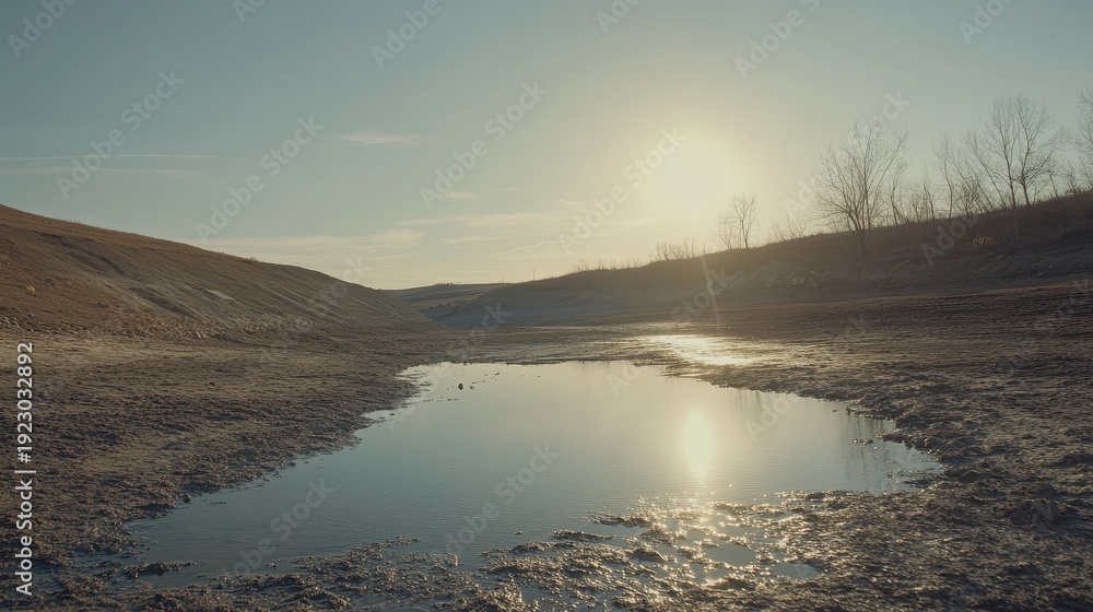 Obraz premium A Shrinking Water Reservoir Reflecting Sunlight in a Dry, Arid Landscape Under a Hazy Sky