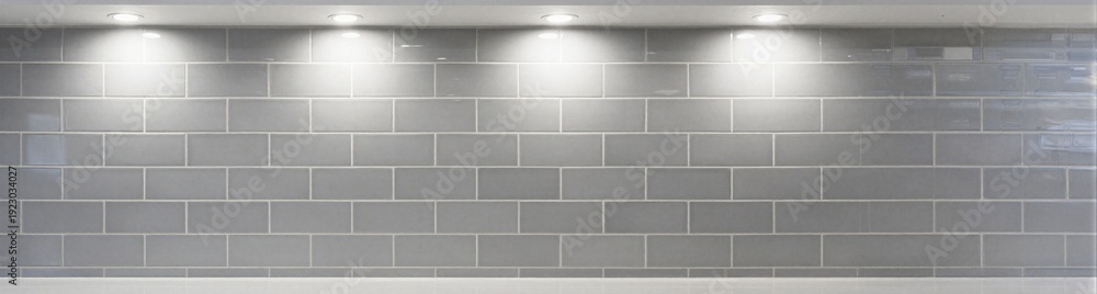 Fototapeta premium Gray subway tile wall with recessed ceiling lights and glossy ceramic finish for interior design background and modern decor banner