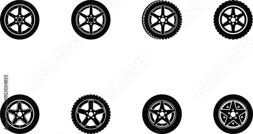car wheel icon set silhouette on white background