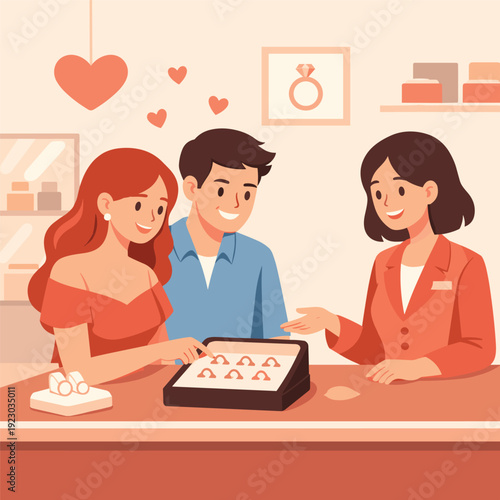 Engaged couple selecting wedding rings with jeweler