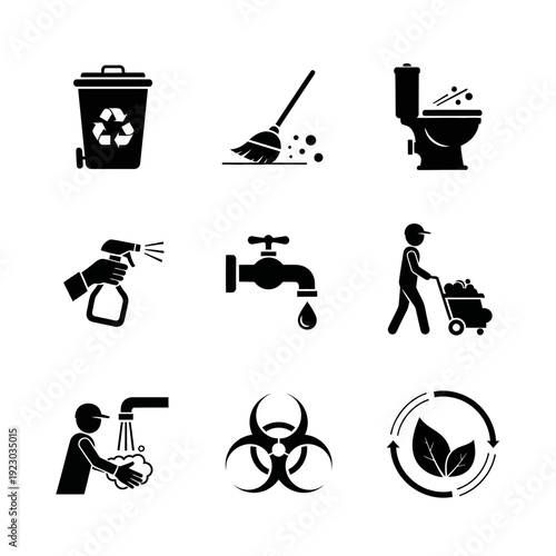 Cleaning and Sanitation Icons Set.