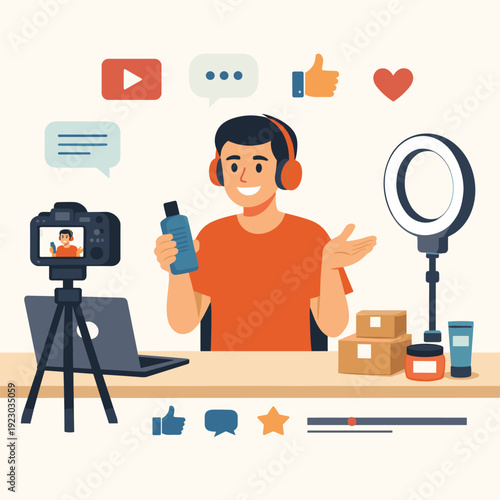 Content creator filming a video review at home