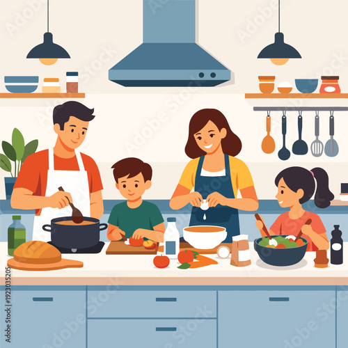 Family enjoying cooking together in a modern kitchen