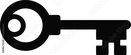 Vintage skeleton key icon, black antique key silhouette, classic metal door key vector, security and access symbol for web design