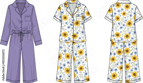 Women Pajama Set Fashion Flat Sketch with Notch Collar Button Down Shirt and Wide Leg Pants for CAD Drawing Flat Vector Illustration